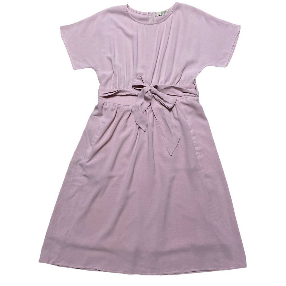 Polagram Dress With Pockets Midi Pink Adjustable Tie Belt Modest Short Sleeve